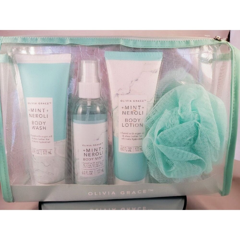 Olivia Grace 4-Piece Mint Neroli Bath Collection With Mesh Bag